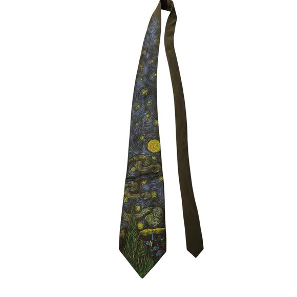 L’Expression Hand Painted Vincent Van Gogh Starry Night Silk Novelty Necktie - Picture 2 of 6